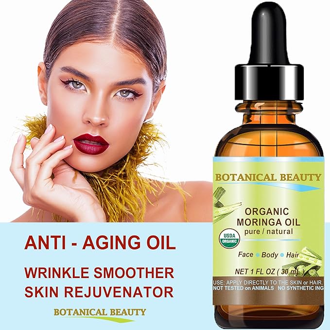 Botanical Beauty Organic Moringa Oil 100% Pure Natural Undiluted 1 Fl.oz.- 30 ml. for Face Skin, Hair, Lips, Body, Nails Rich in Vitamin C, Vitamin E