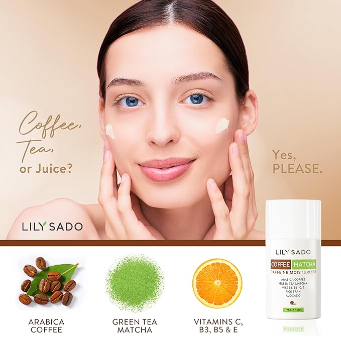 LILY SADO TEA+Cโข Coffee & Matcha Face Moisturizer - Natural Vegan Caffeine Facial Cream w Green Tea & Arabica Coffee Beans - Best Antioxidant, Anti-Wrinkle Moisturizing Lotion - Softens & Firms