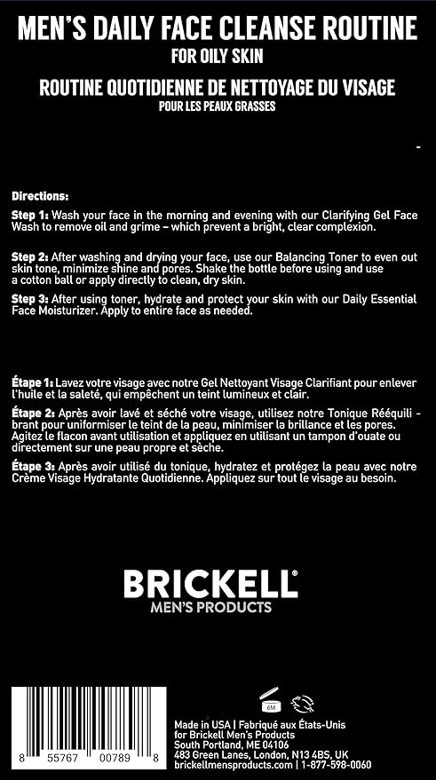 Brickell Men's Daily Face Cleanse Routine for Oily Skin, Alcohol Free Toner, Gel Facial Wash and Moisturizer, Natural and Organic, Scented