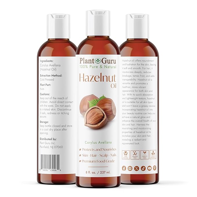 Hazelnut Oil 8 fl. oz. Cold Pressed 100% Pure Natural Carrier - Skin, Face, Body And Hair Growth Moisturizer. Great For DYI Cream, Lotions and Lip balm.
