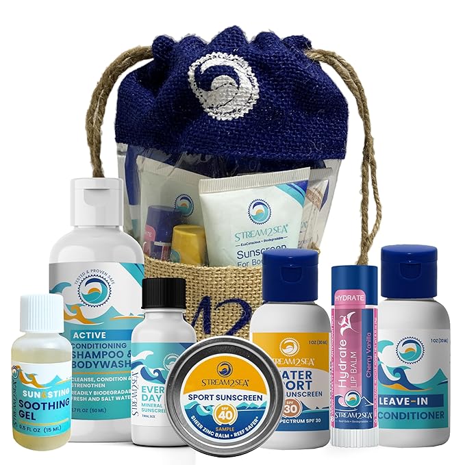 EcoConscious Travel Kit Body & Hair Care Gift Set | Shampoo & Body wash | Conditioner | SPF30, SPF20 and Mineral Sunscreen | SPF 30 Cucumber Mint and Hydrate Cherry Vanilla Lip Balm by Stream2Sea