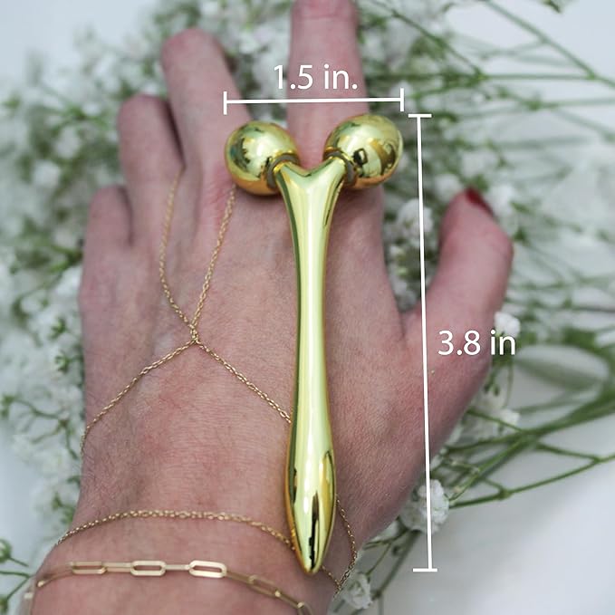 mwein Ivy 3D Face Massage Roller โ Mini Lightweight Small Travel-Sized Y-Shaped Stainless Steel โ Jade Roller, Ice Roller, Cellulite Roller โ Face Sculpting Tool (Gold)