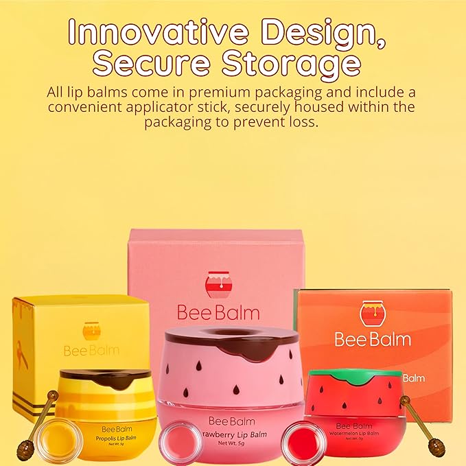 3 Pcs Original My Bee Balm Lip Balm β Hydrating Lip Care with Watermelon, Strawberry & Honey Pot β Moisturizing Balm for Dry, Chapped & Cracked Lips with Propolis, Honey & Vitamin E