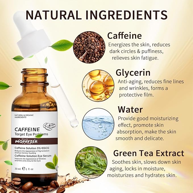 Caffeine Solution 5% + EGCG, Caffeine Eye Serum For Moisturizing, Targets Dark Circles & Puffiness, 1 PCS Natural Under Eye Serum For Facial Wrinkles & Fine Lines.