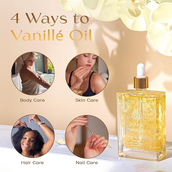 SAFA Vanillé Oil - Organic Oil for Face, Body, Hair, Nails & Aromatherapy | Vanilla Extract & Jasmine Petals - Essential Oil for Diffusers | After Shower Body Oil | Skin Moisturiser (4 Fl Oz)