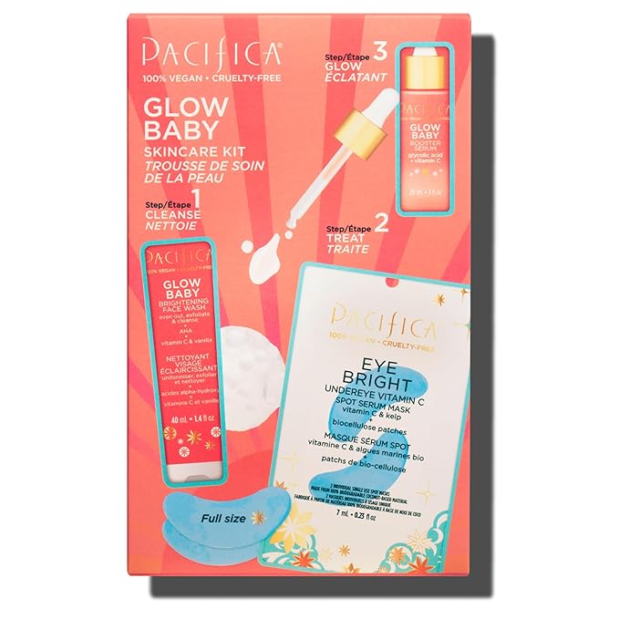 Pacifica Beauty | Glow Baby Vitamin C Trial + Value Kit | 3-Piece Skin Care Gift Set | Travel Friendly | Brightening Face Serum, Face Wash/Cleanser, Under Eye Patches | Glycolic Acid, AHA | Vegan