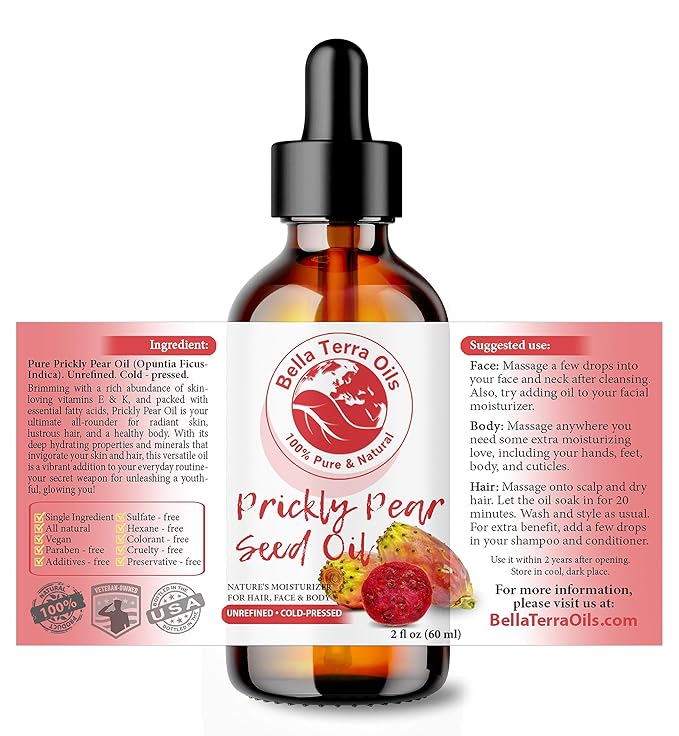 Bella Terra Oils - Prickly Pear Seed Oil 2oz - The Essence of Prickly Pear Cactus, A Haven of Vitamin A & Magnesium, an Elegant Addition to Your Routine