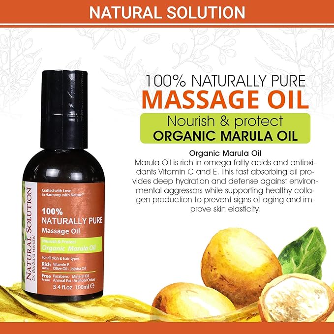 Natural Solution 100% Naturally Pure Massage Oil,for Aromatherapy Relaxing Massage,Organic Marula Oil,Jojoba Oil & Olive Oil,Hair & Skin Care Benefits,Nourish & Protect - 3.4 oz Oily 8606E