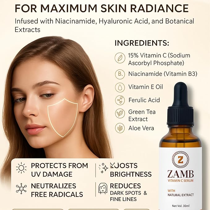Zamb 15% Vitamin C Face Serum for Glowing Skin – Anti Aging, Hydrating, Brightening, Dark Spot Remover, Even Skin Tone, With Hyaluronic Acid & Natural Extract, For all type of skin – 1 fl oz