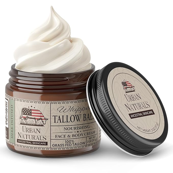 Urban Naturals Handmade Whipped Tallow Balm (Unscented/Herb-Infused) - 100% Grass-fed Organic Body Butter with Infused Jojoba Oil, for Eczema, Rosacea, Baby - 2 oz