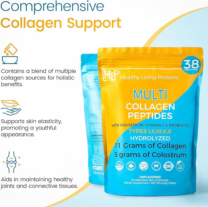 HLP Collagen Supplement for Better Absorption & Immune Support- Multi Collagen Peptides Powder with Colostrum- Improve Strength, Wellness & Vitality with Multi Collagen Protein- Unflavored- 38 Serving