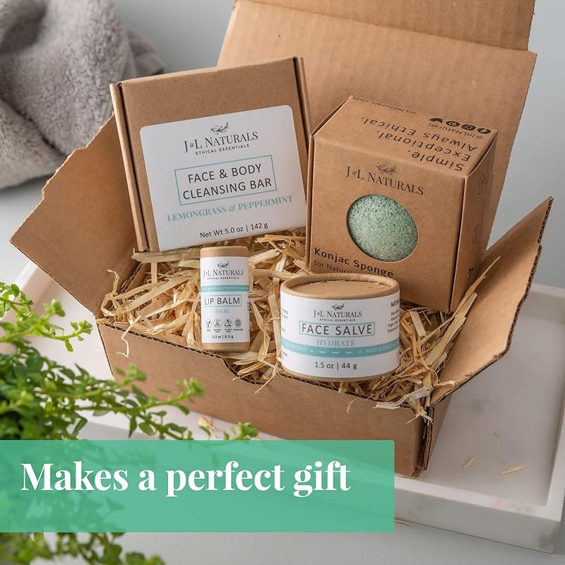 J&L Naturals Simple Skin Regimen Kit With Cleansing Bar, Face Salve, Konjac Sponge, Lip Balm | For Oily, Dry, Mature, and Combination Skin | Zero Waste (Calm (sensitive, acne-prone skin), Simple)