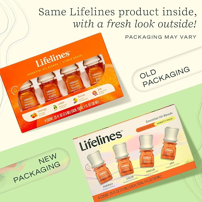 Lifelines Essential Oil Blends, 4-Pack - Blended Essential Oils with Precision Pump for Aromatherapy Diffusers - Long-Lasting Scented Fragrance - Citrus Grove (Joy, Calm, Focus & Energy)