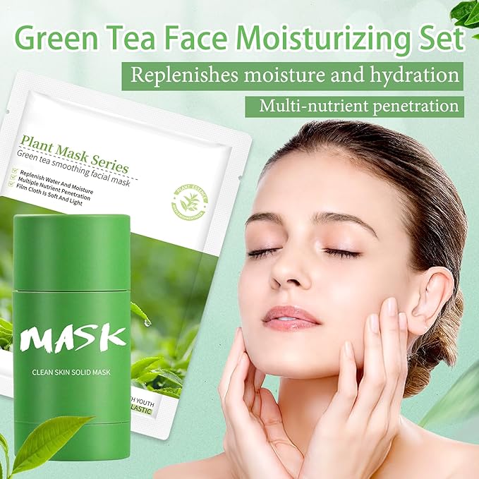 5PCS Green Tea Face Sheet Masks Set, 2PCS Oil Control Long Lasting Moisturizing Blackhead Remover Facial Mask Clay Stick, Deep Pore Cleansing Face Mask Skin Care for All Skin Types(7PCS)