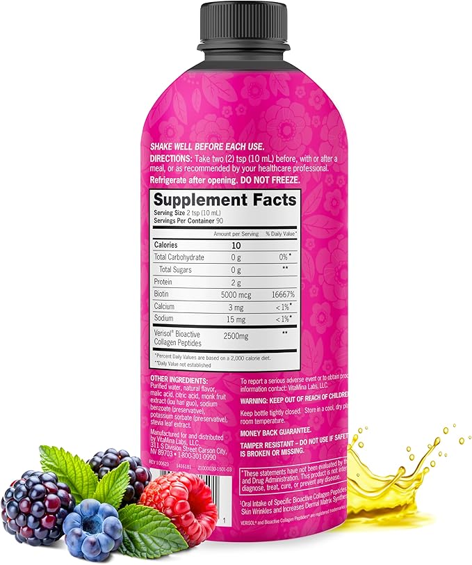Liquid Collagen Peptides and Biotin, 2500mg Verisol Bioactive Collagen Peptides, 5000mcg Biotin, Hair, Skin, Nail Supplement for Women and Men, Mixed Berry, 90 Servings, 30 fl oz