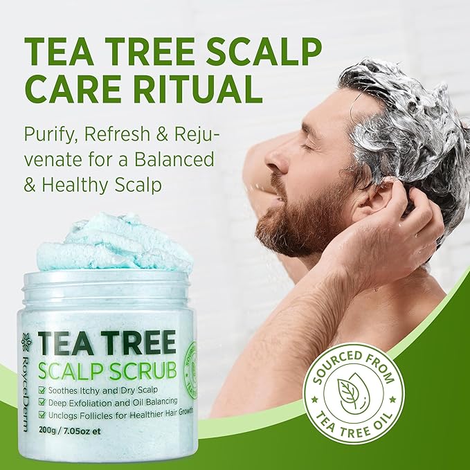 Roycederm Tea Tree Scalp Scrub: Anti Fungal Pre Shampoo, Itchy Relief Scalp Treatment for Dandruff, Psoriasis & Seborrheic Dermatitis - Gently Exfoliator, Relieves Dryness, Promotes Hair Growth