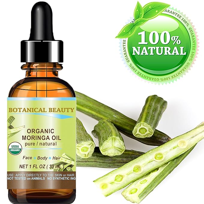 Botanical Beauty Organic Moringa Oil 100% Pure Natural Undiluted 1 Fl.oz.- 30 ml. for Face Skin, Hair, Lips, Body, Nails Rich in Vitamin C, Vitamin E