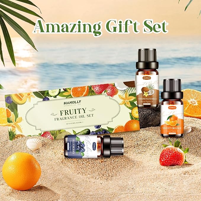 Fruity Essential Oils Set - Fruity Scents Fragrance Oil Aromatherapy Essential Oils Kit for Diffuser, Candle Making (6x10ML) Strawberry, Coconut Scented Oil