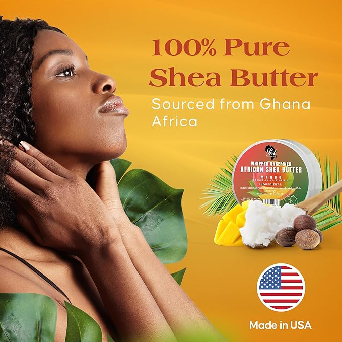 RA COSMETICS Whipped Shea Butter Mango - 6oz | 100% Pure and Natural African Shea Butter for Men & Women - Ultimate Handcrafted Moisturizer with Essential Vitamins for Radiant Skin & Luscious Hair