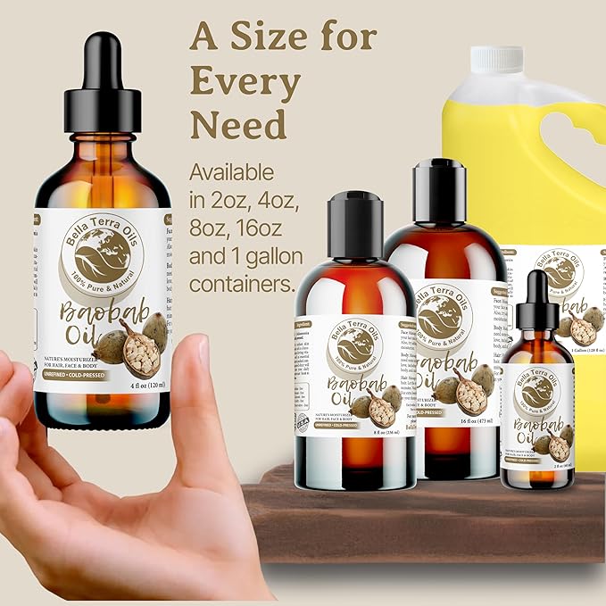 Bella Terra Oils Pure Baobab Oil – 1gallon, Ancient African Beauty Elixir for Hair & Skin, Radiance, Hydration