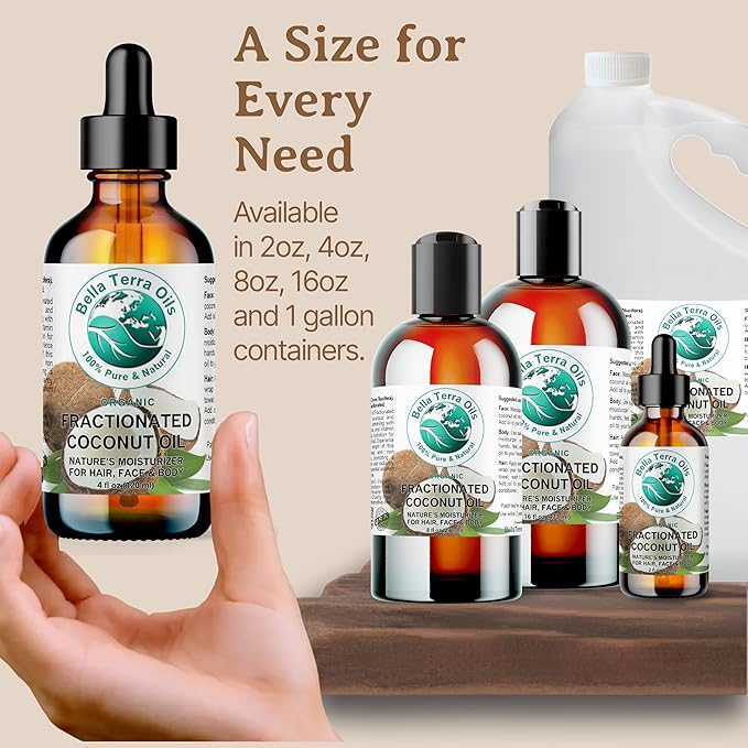 Bella Terra Oils - Organic Fractionated Coconut Oil (MCT) 4 oz - A Treasured Elixir from Coconut, Enriched with Caprylic & Capric Acid, The Ultimate Carrier for Mixing Oils