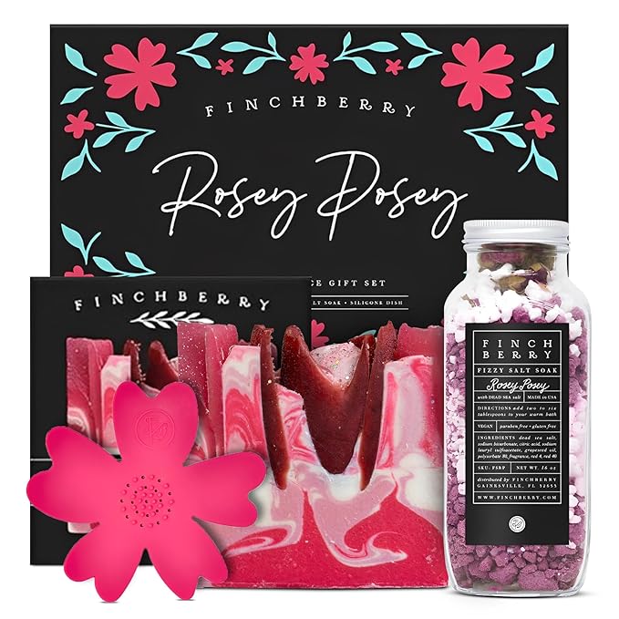 FinchBerry Rosey Posey Gift Set - Ideal Gifts Romantic Occasions, Anniversaries, Birthdays, Womenโs Day, Housewarming, or Get Well Soon - Spa Gift Set With Handmade Soap, Fizzy Salt Soak & Soap Dish