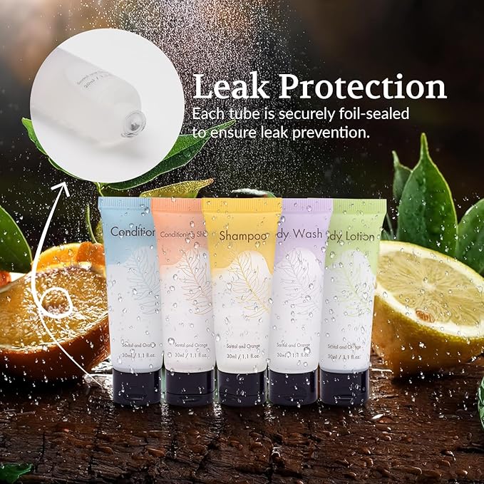 Leak-Proof Travel Size Body Lotion 1.1 Fl.oz/ 30 ml Each 100PCS Bulk Pack Hotel Body Lotion Santal and Orange Scent Amenities and Toiletries for Hospitality