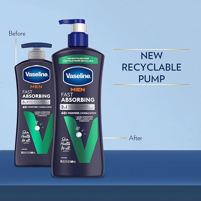 Vaseline Men's Healing Moisture Hand & Body Lotion For Dry or Cracked Skin Fast Absorbing Non-Greasy Lotion for Men 20.3 oz, Pack of 3