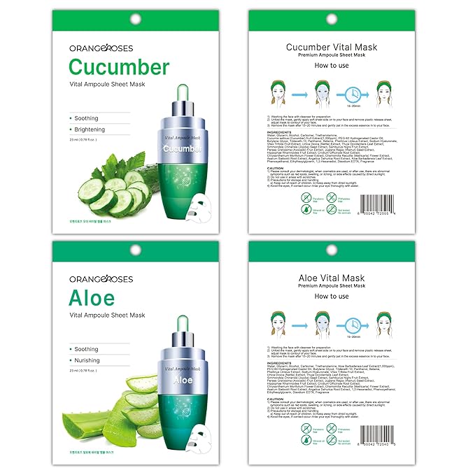 【 Orangeroses 】 30 Pcs Combo Pack Vital Ampoule Sheet Mask, Korean Facial Skincare Sheet | Simple & Effective Skincare Routine | Moisturization | Wrinkle Care | Brightening