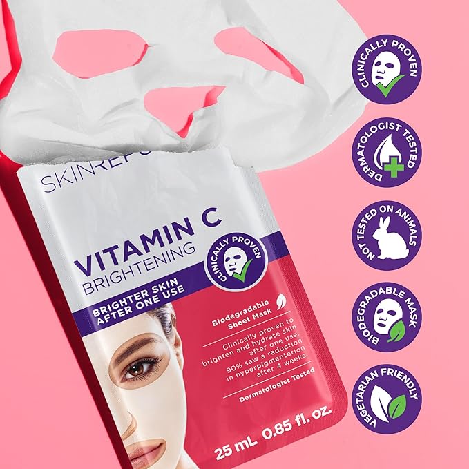 Skin Republic Vitamin C Brightening Sheet Mask Proven to Brighten and Hydrate After One Use. Made in Korea.
