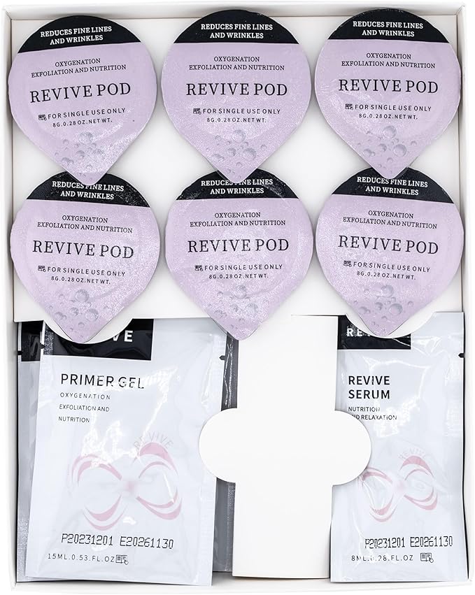 Revive - OxyGeneo Oxygen Facial CO2 Therapy Machine, Geneo Type Pods, Home Facial, 6 Pods + 6 Primer Gel + 6 Revive Serum After Treatment (NEW FORMULA less foam)