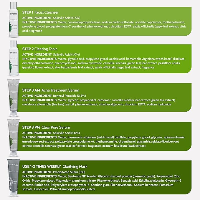 Exposed Skin Care Acne Treatment Kit - Includes Facial Cleanser, Clearing Tonic, Acne Treatment Serum, Clear Pore Serum, Clarifying Mask, Cloth - Natural Acne Solution for Face, All Ages & Skin Types