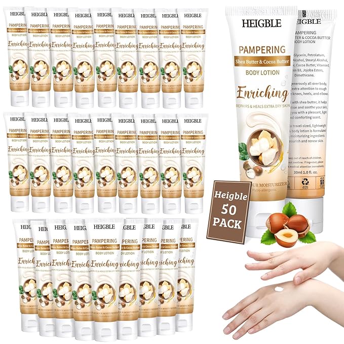 50 Pack Travel Size Body Lotion 1 oz Shea Butter Cocoa Butter Body Lotion Dry Skin Moisturizer with Flip Cap for Extra Dry Skin, Inns, Hotels Resorts, Airlines, Offices, Gyms and More