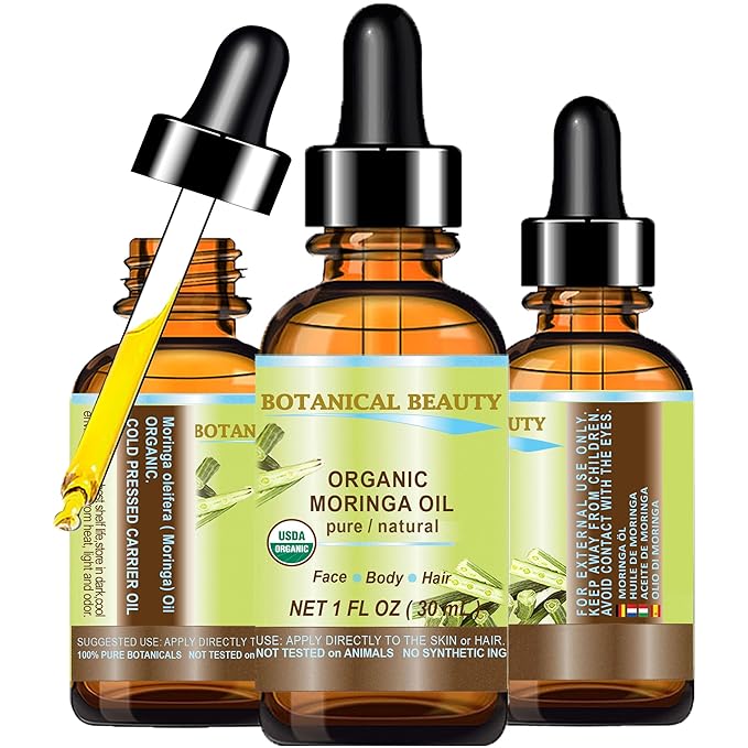 Botanical Beauty Organic Moringa Oil 100% Pure Natural Undiluted 1 Fl.oz.- 30 ml. for Face Skin, Hair, Lips, Body, Nails Rich in Vitamin C, Vitamin E