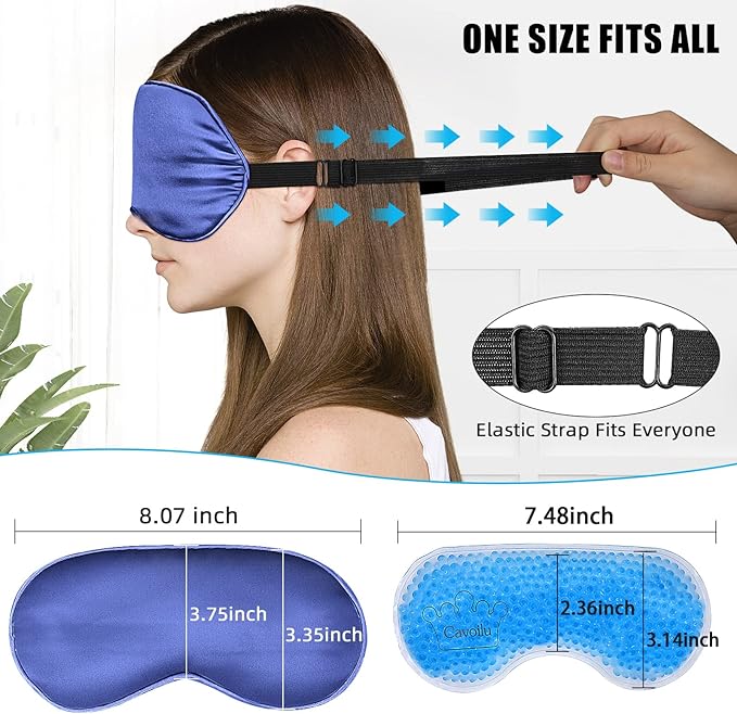 Cooling Sleep Mask w/Gel Eye Mask, Silk Eye Mask for Sleeping, Heated Eye Masks, Blindfold Eye Cover Sleeping Mask for Home Office Travel, Gifts for Men Women, Stocking Stuffers (Blue)