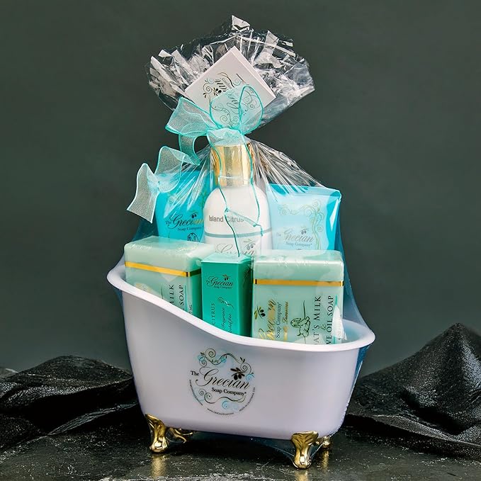 Deluxe Bathtub Gift Set, 6pcs Goat Milk & Olive Oil Skin Care Set, Birthday Gifts for Women, Bridal Shower Gifts, Gifts for Mom, Island Citrus Scent, Handmade in the USA