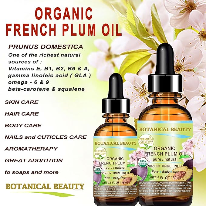 Botanical Beauty Organic French PLUM OIL 100% Pure Natural VIRGIN UNREFINED Cold-Pressed Carrier Oil 2 Fl oz 60 ml for Face, Skin, Body, Hair, Lip, Nails. Rich in Vitamin E, Omega 6, Omega 9