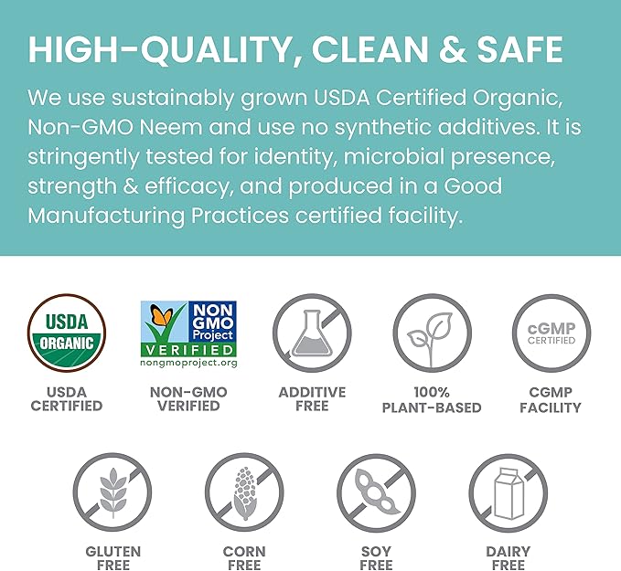 Himalaya Organic Neem Herbal Supplement, for Mild Acne & Clear Skin, Purifying, Ayurvedic, USDA Certified Organic, Non-GMO, Vegan, 600 mg, 60 Plant Based Caplets, 2 Pack