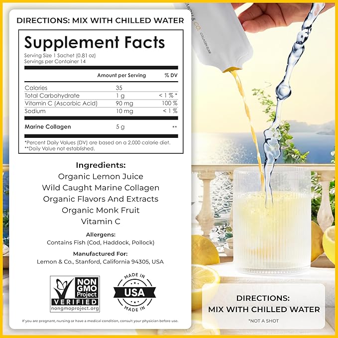 Lemon & Co. 8-Week Wellness Bundle – Liquid Collagen Elixir for Women & Men + Stainless Steel Insulated Bottle - 5g Marine Collagen for Skin, Hair, Nails, Gut Health | Organic Lemons, No Preservatives