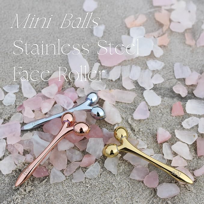 mwein Ivy 3D Face Massage Roller โ Mini Lightweight Small Travel-Sized Y-Shaped Stainless Steel โ Jade Roller, Ice Roller, Cellulite Roller โ Face Sculpting Tool (Rose Gold/Pink)