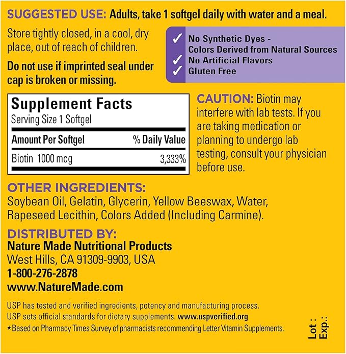 Nature Made Biotin 1000 mcg, Dietary Supplement Supports Healthy Hair & Skin, 120 Softgels, 120 Day Supply (Pack of 2)