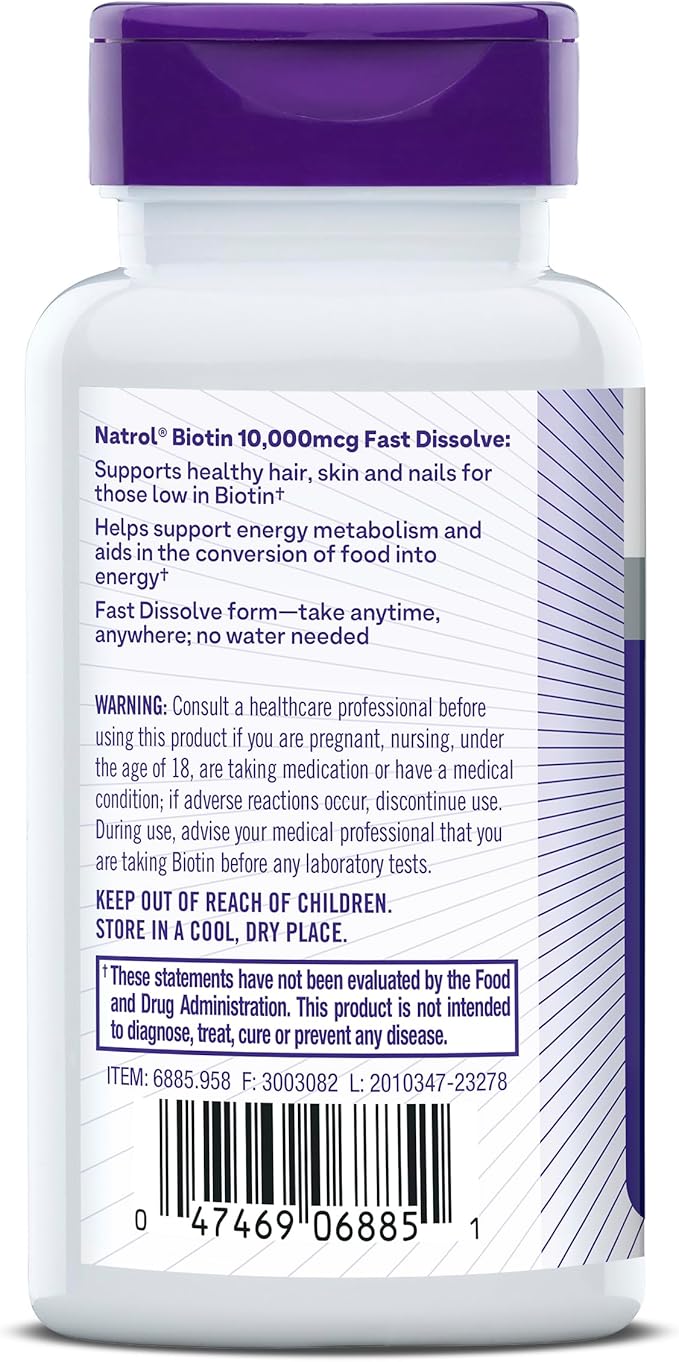 Natrol Biotin 10000mcg, 4x Faster Dissolve Supplement for Healthy Hair, Skin and Nails for Those Low in Biotin, Plus Energy Metabolism Support, 60 Tablets, Up to a 60 Day Supply