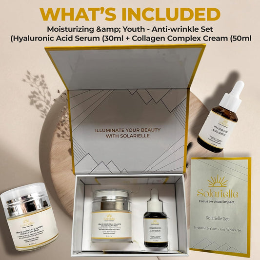 "SOLARIELLE Anti-Aging Skincare Set | Hyaluronic Acid Serum & Collagen Cream | Face & Neck Duo for Wrinkle Reduction | Natural Peptide Formula"