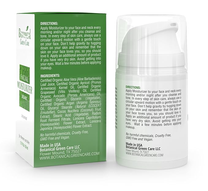 Botanical Green Care Organic Facial Moisturizer. Natural Anti Aging Face Moisturizing Cream for Sensitive, Dry & Normal Skin for Women and Men