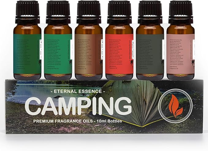Eternal Essence Oils Camping Set of 6 Premium Fragrance Oils - Includes Warm Rustic Woods, Fire Amber, Pine, Sandalwood, Frankincense & Rain and Woodland Bay Scented Oils - 10ML