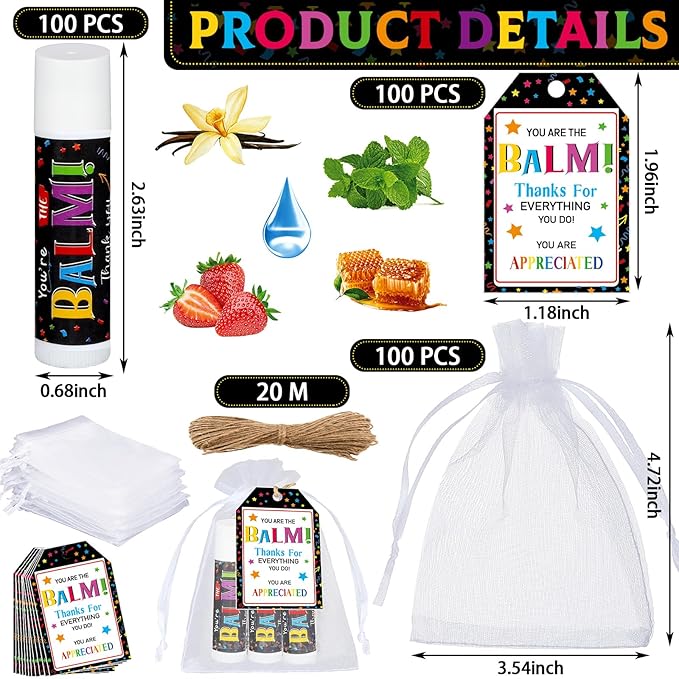 100 Pack Teacher Volunteers Appreciation Gifts Bulk Lip Balms Employee Staff Team Thank You Gifts Nurse Pastor Appreciation Favors You're the Balm for Women Men Coworkers Homeless