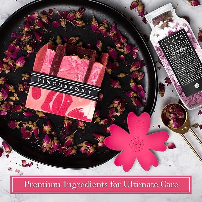 FinchBerry Rosey Posey Gift Set - Ideal Gifts Romantic Occasions, Anniversaries, Birthdays, Womenโs Day, Housewarming, or Get Well Soon - Spa Gift Set With Handmade Soap, Fizzy Salt Soak & Soap Dish