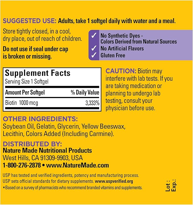 Nature Made Biotin 1000 mcg, Dietary Supplement Supports Healthy Hair & Skin, 120 Softgels, 120 Day Supply