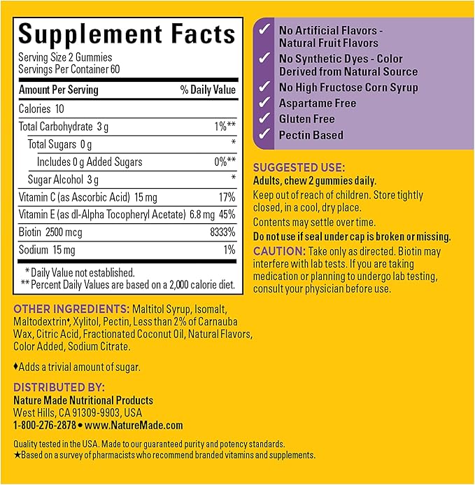 Nature Made Zero Sugar Hair Skin Nails Gummies, Biotin 2500 mcg per Serving, 120 Sugar Free Gummies, 60 Day Supply