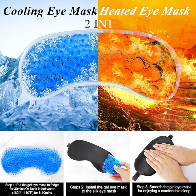 Eye Mask, Cooling Sleep Mask Gel Eye Mask for Sleeping, Black Silk Sleeping Mask for Travel, Gifts for Men Women, Stocking Stuffers